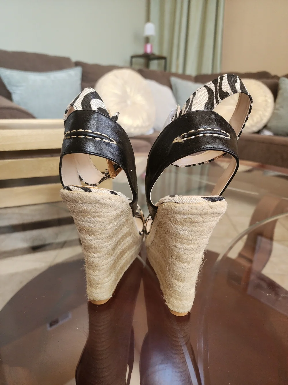 Shoe Dazzle Zebra Print Espadrille Wedge Sandals - Black/Natural
